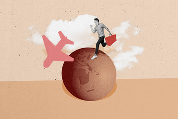 Composite photo collage of happy man run earth globe summer adventure travel carry suitcase plane...