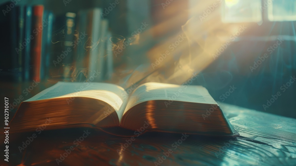 Poster mystical library with open book illuminated from above and smoky atmosphere in the background