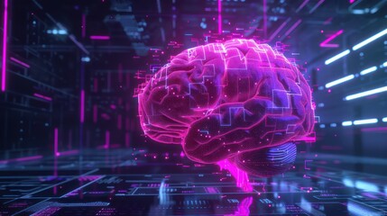 Futuristic AI brain model with holographic elements and data visualizations