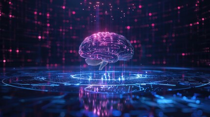 Futuristic AI brain model with holographic elements and data visualizations