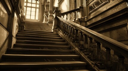 Fototapeta premium Grand sepia-toned staircase ascends toward a spacious window in a historic structure