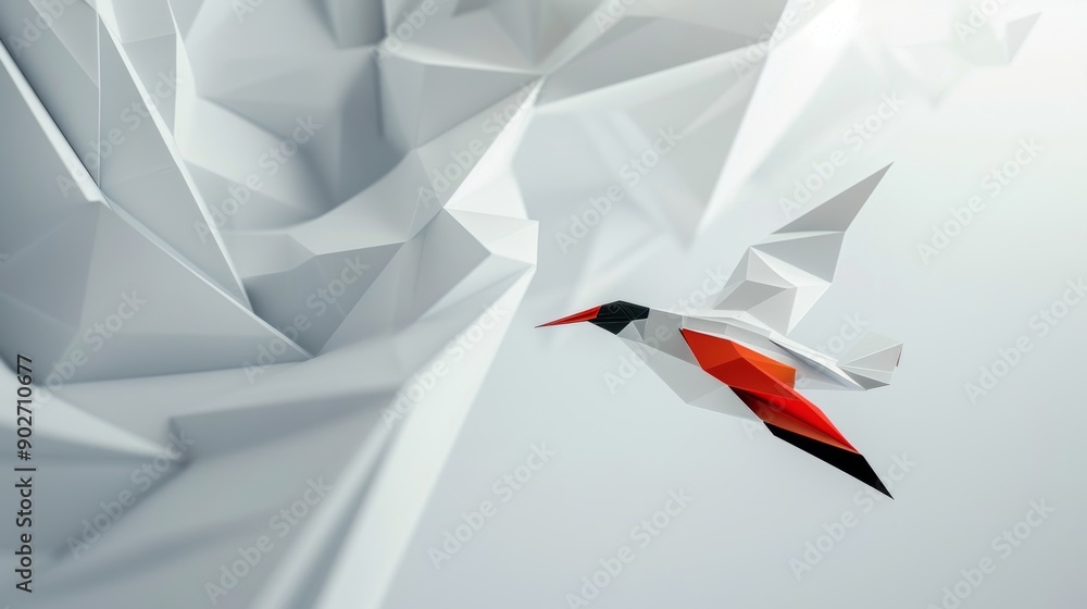 Poster paper art the flight of a stylized bird in a geometric and simplistic setting.