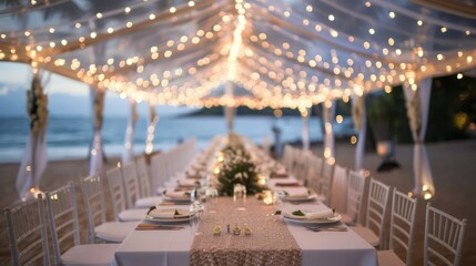 Elegant beach wedding reception under a tent with fairy lights