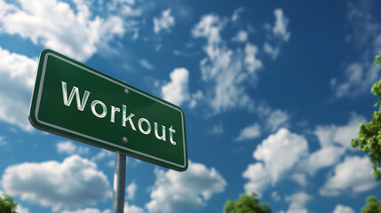 Fototapeta premium Green road sign with text workout over blue sky with clouds on sunny day