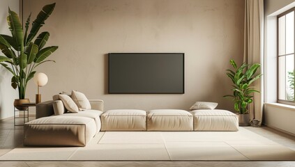 Modern Living Room Interior Design with Beige Couch and Plants