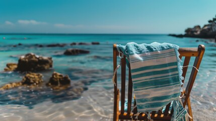 Fototapeta premium Beach towel hanging on a chair with the ocean in the background