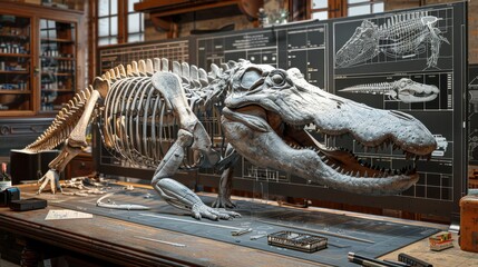 Detailed Skeleton Model of a Tyrannosaurus Rex in a Museum Workshop