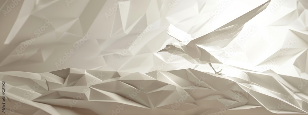Poster paper art the flight of a stylized bird in a geometric and simplistic setting.