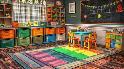 Naklejka premium A vibrant playroom with colorful storage bins, a large play mat, a small table and chairs for crafts, and a chalkboard wall.