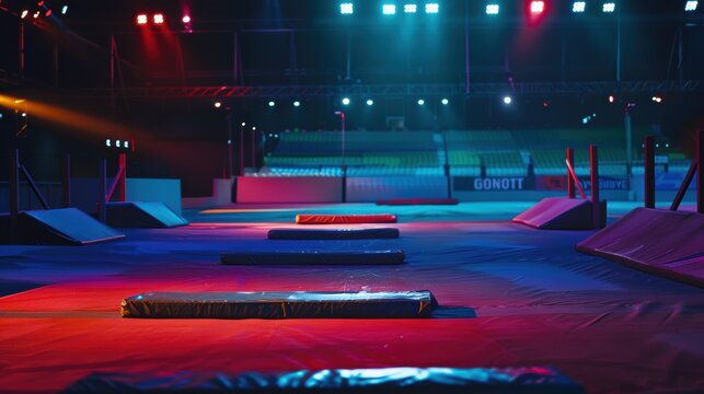 Empty extreme sports parkour and freerunning course is illuminated with colorful lighting effects at night