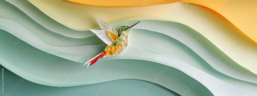 Poster paper art the flight of a stylized bird in a geometric and simplistic setting.