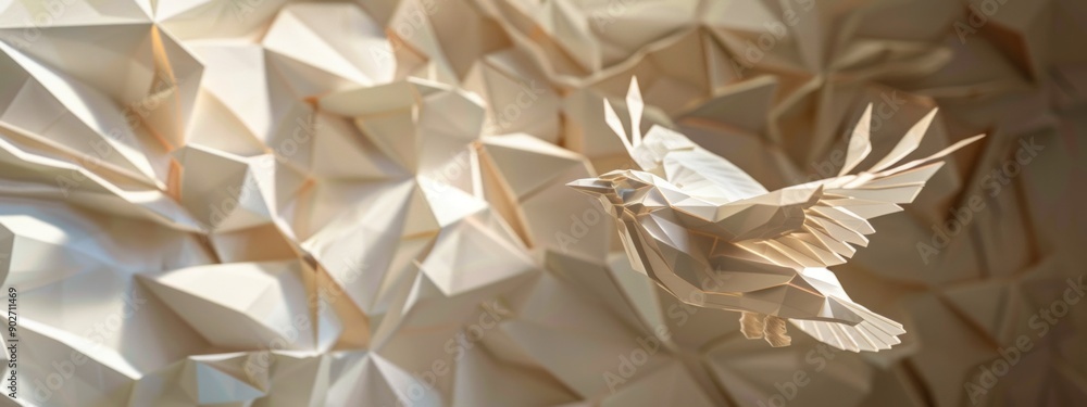 Poster paper art the flight of a stylized bird in a geometric and simplistic setting.