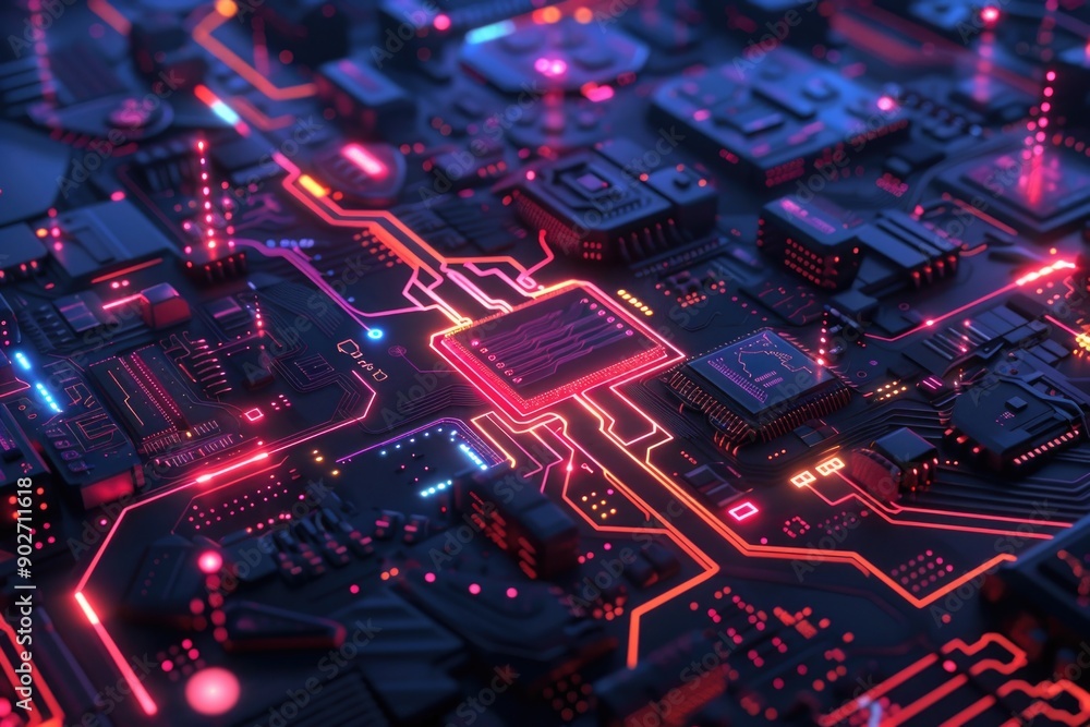 Aufkleber a close-up shot of a circuit board illuminated by neon lights, suitable for tech-related projects
