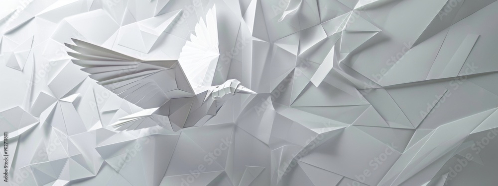 Poster paper art the flight of a stylized bird in a geometric and simplistic setting.