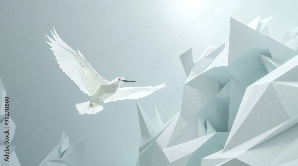 Poster paper art the flight of a stylized bird in a geometric and simplistic setting.