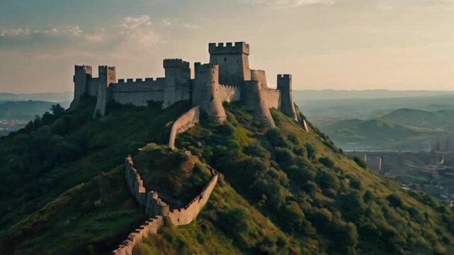 The fantasy skyline with the fortress at the top of hill created with generative ai