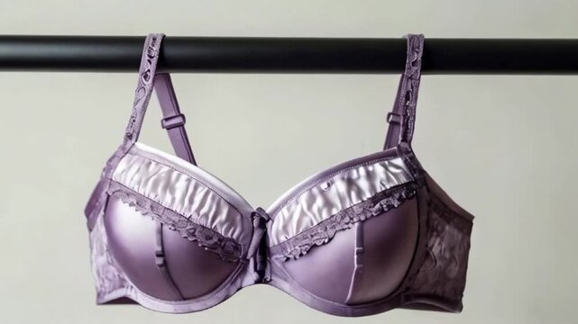 Women's padded bra light pastel purple bra hanged on the hanger isolated on light white background created with generative ai	