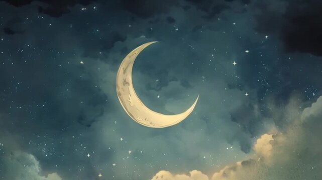 A crescent moon shines brightly in a watercolor night sky, surrounded by twinkling stars and clouds.