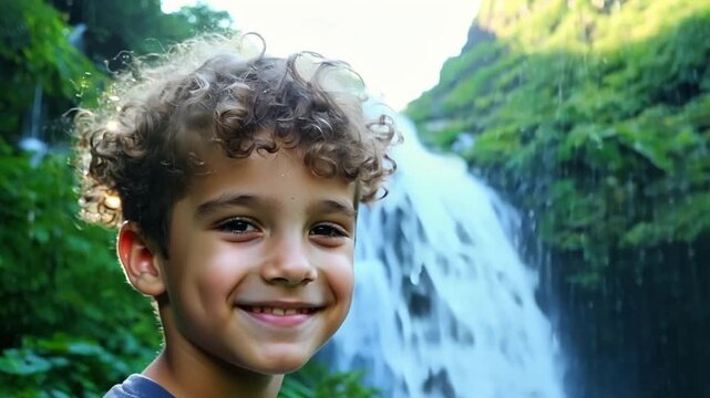 A teenage boy with curly blonde hair stands in front of a cascading waterfall surrounded by lush greenery his playful smirk adding a touch of whimsy.