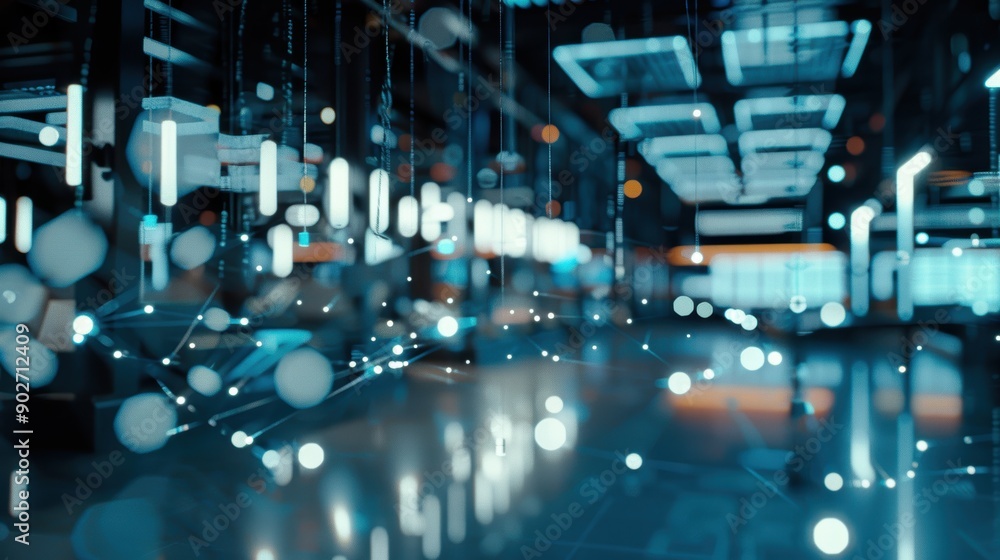 Poster abstract network of connections illuminated by blue and orange lights in a data center