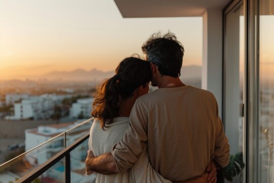 A couple embraces and looks at the city skyline from their balcony during sunset, reflecting a moment of love and tranquility in a serene urban setting.