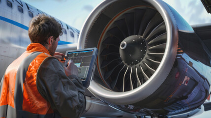 Worker with tablet performing diagnostics on jet engine