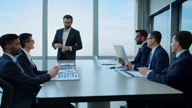 A team discusses financial strategies in a modern office meeting