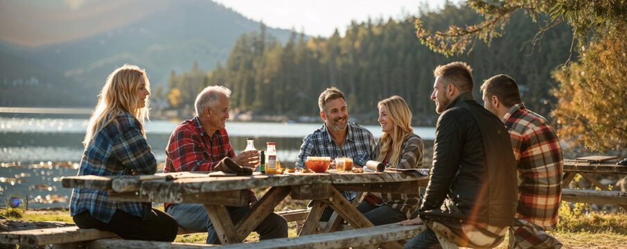 Group of friends sitting around table near picturesque lake on summer evening, chatting, eating and enjoying their time together