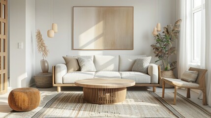 Fototapeta premium Cozy white living room with minimalist design, featuring stylish wooden furniture and picture on the wall