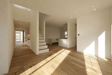 Modern Open Concept Living Room Design with White Walls and Wooden Floors