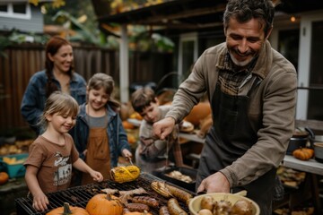 Fototapeta premium A family enjoys an outdoor barbecue session in their backyard, grilling various foods surrounded by fall decorations like pumpkins, on a pleasant autumn day.