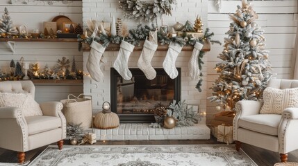 holiday home decor, cozy christmas banner with a warm fireplace, stockings, and a beautifully adorned tree, creating a welcoming holiday vibe