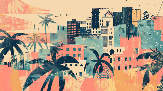 Risograph halftone riso print travel poster, card, wallpaper or banner illustration, modern, isolated, clear, simple of Sabha, Libya. Artistic, screen printing, stencil