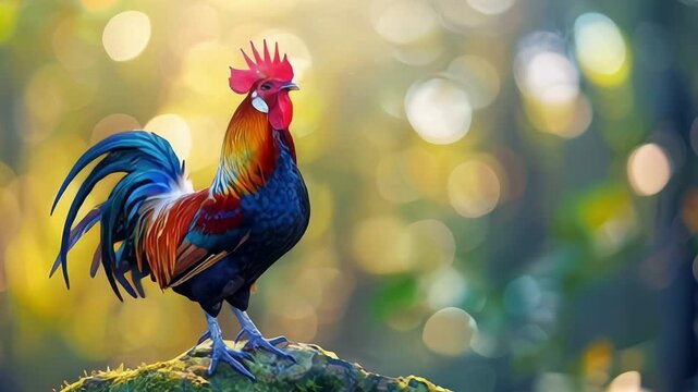 Majestic Thai Fighting Cock Crowing on a Rocky Perch at Sunrise The proud rooster stands tall