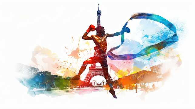 boxing, judo, karate paris eiffel olympics abstract watercolor colorful splash design concept on white background