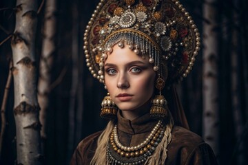 Fototapeta premium A beautiful girl in a traditional Russian national costume. Against the background of a birch grove. The portrait symbolizes the traditions and beauty of the Russian people.