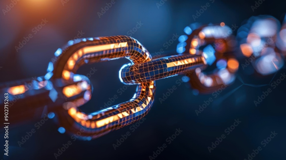 Poster abstract chain with glowing light, symbolizing connection and security.