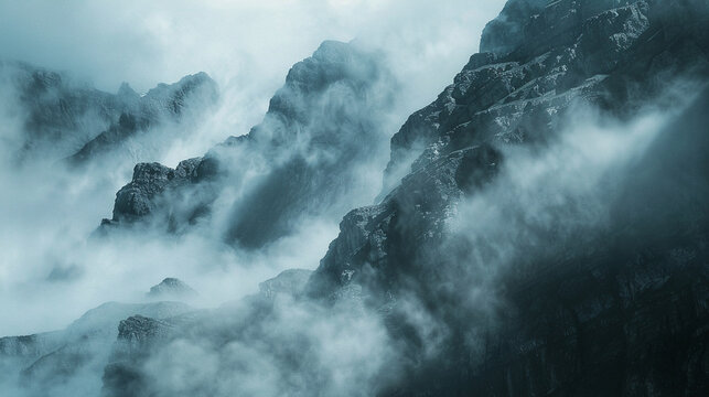 a dense fog rolling through a mountain pass