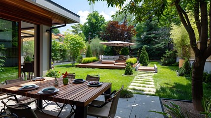 Obraz premium Comfortable backyard dining area of a contemporary home
