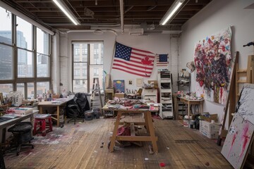 Bright and colorful art studio featuring mixed flags, dynamic and expressive artworks, with ample natural light pouring in through large windows in an urban setting.
