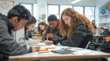 Fototapeta premium a group of students working on a project in a classroom setting