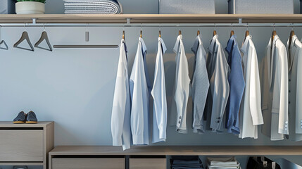 Modern wardrobe setup featuring neatly arranged clothing and accessories, showcasing a minimalistic and organized approach to wardrobe design with stylish storage solutions