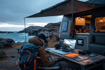 A person working remotely from a camping van parked by a scenic coastline, equipped with a laptop and other tech on a table, capturing the essence of digital nomad life.