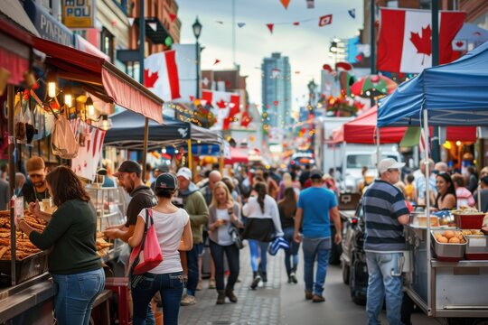 A vibrant street festival filled with people enjoying various food stalls lined with festive decorations and flags, creating a cheerful and engaging atmosphere for all attendants.
