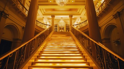 Obraz premium Wide angle shot of a grand staircase bathed in golden light leading up to a luxurious ballroom