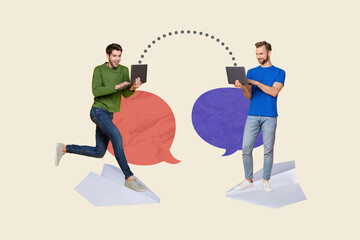 Composite photo collage of two happy men pen friends use macbook device distance correspondence...