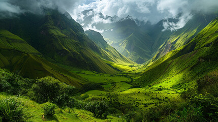 Fototapeta premium a lush green valley nestled between the Andes Mountains