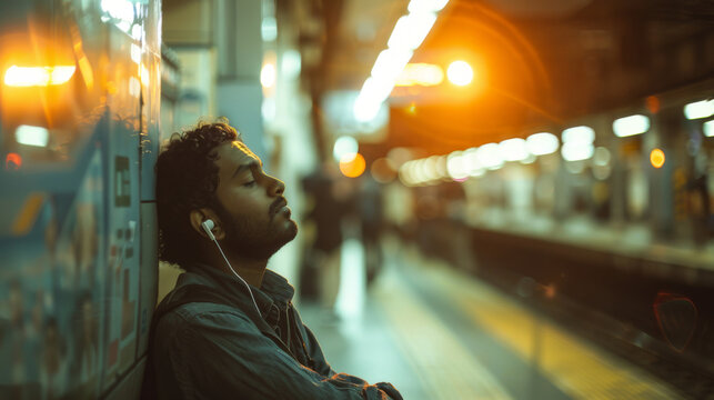 Indian man enjoy listening to music with earphones while waiting on subway platform