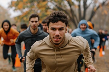 A young man in a tan hoodie is leading an outdoor group fitness activity with participants behind him, running and exercising among colorful cones in a park environment.