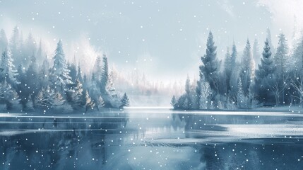 Fototapeta premium winter wonderland, capture the serene winter magic with a snowy forest and shimmering lake in a dreamy white christmas banner, complete with gently falling snowflakes